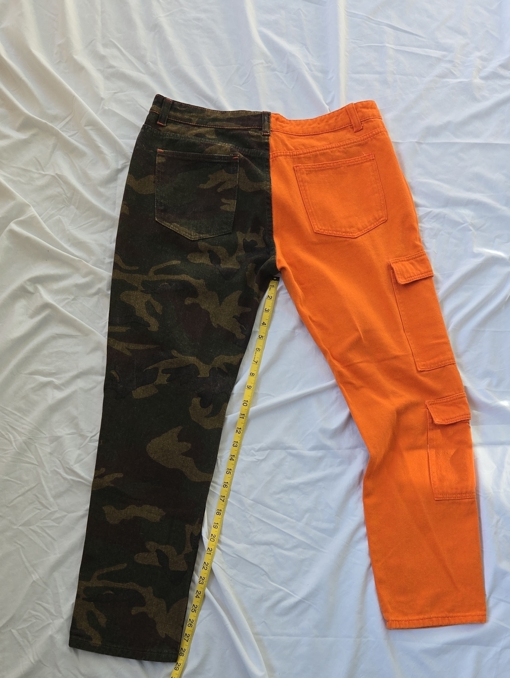 Men's Funky Jeans 2 Tone, One Leg Orange, Other Leg Green Camo Front/Back, - Picture 7 of 9
